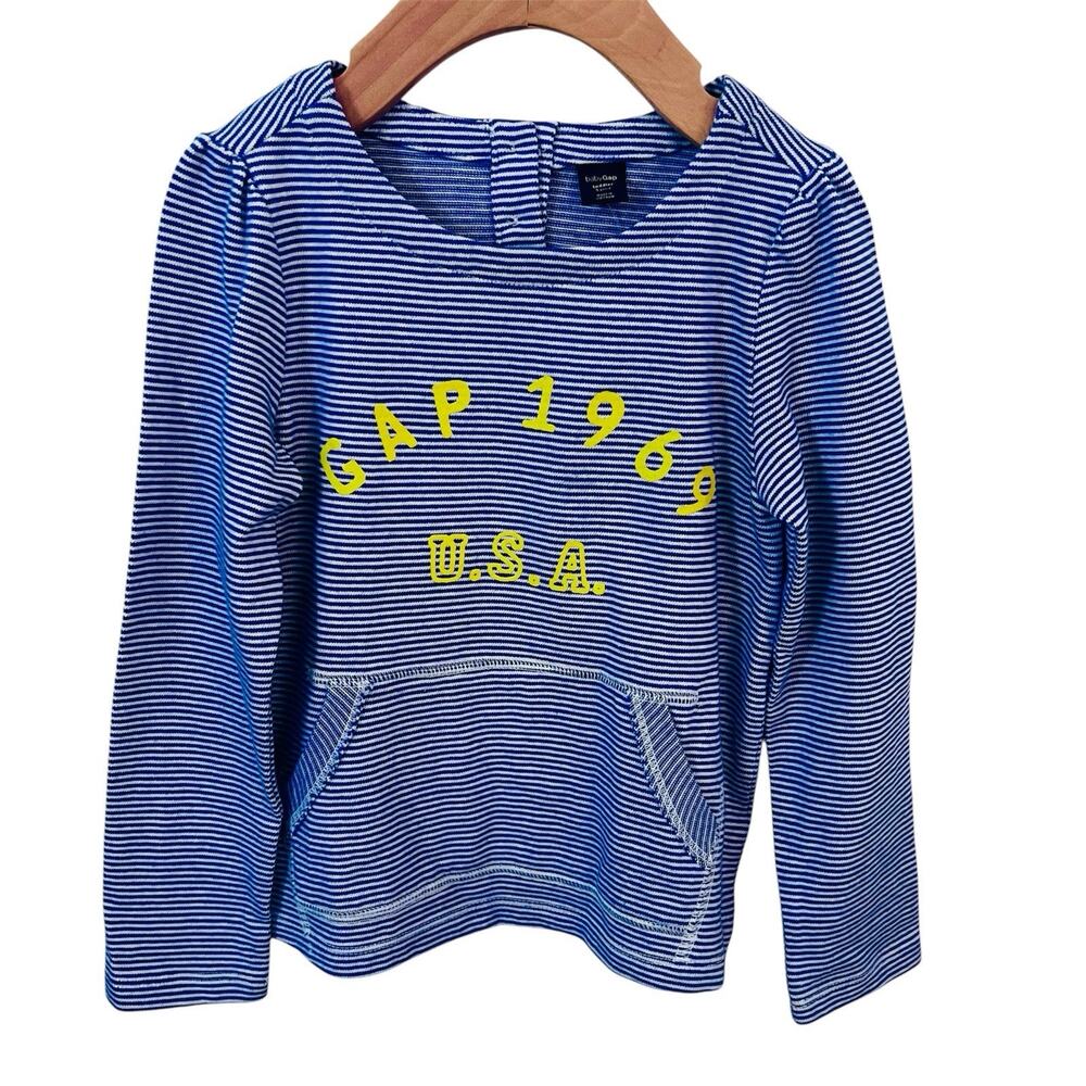Gap Kids Long Sleeve Striped Shirt NWT Size 5 Blue White Cotton Kangaroo Pocket